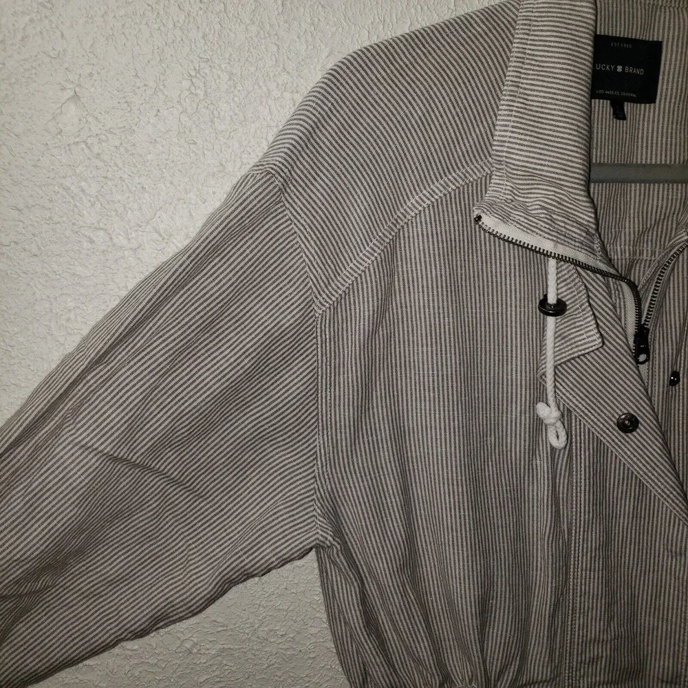 Lucky Brand Sz L Women's Linen Blend Striped Jacket Full Zip Waist Drawstring - Picture 3 of 12